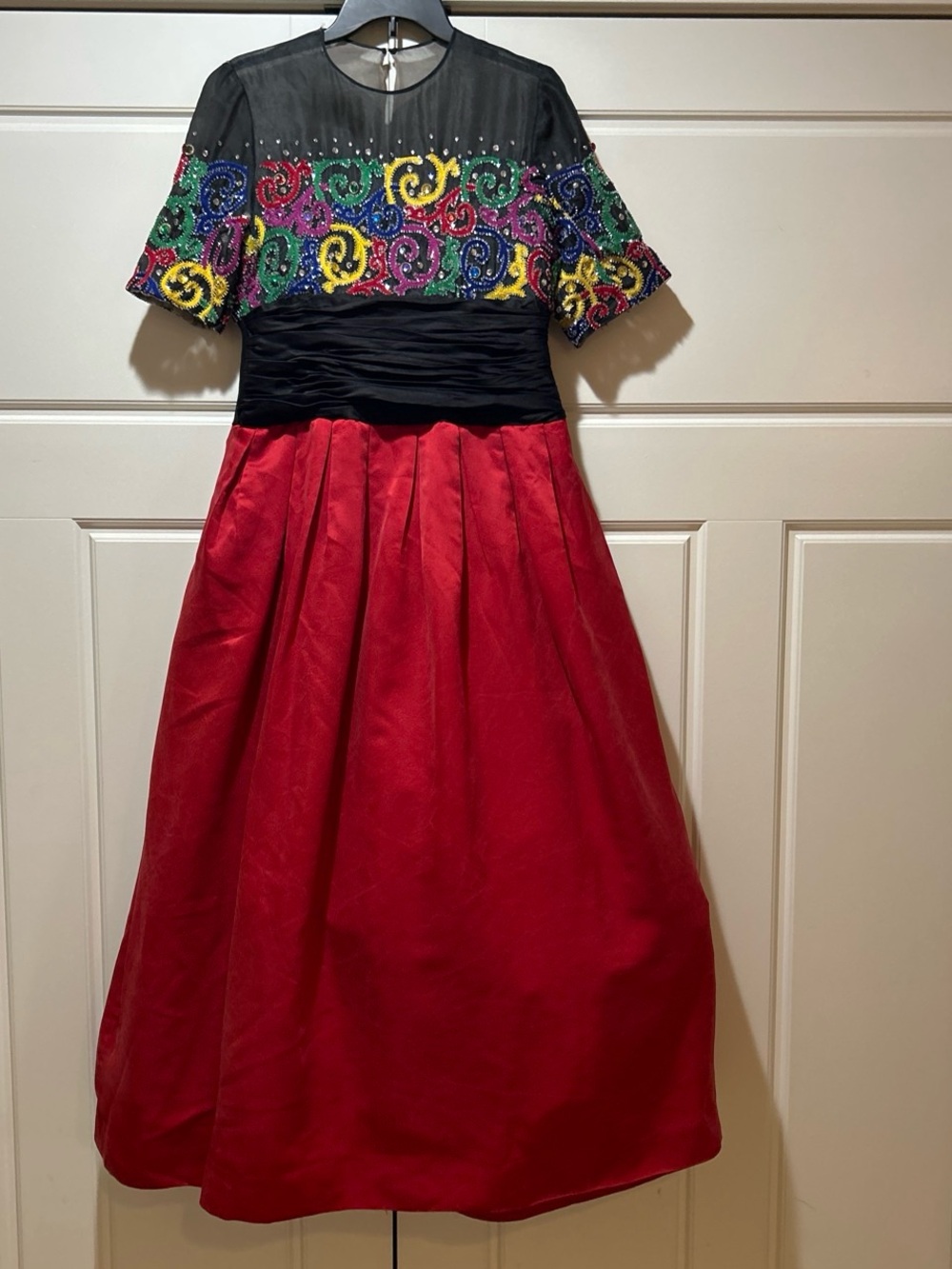 AKIRA Black Top Multicolor Beaded Bodice Red Skirt Dress